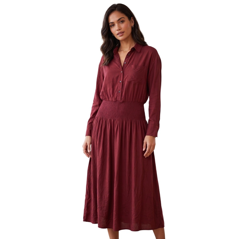Future Collective Smocked Waist Midi Shirt Dress Burgundy Red XL Long Sleeve